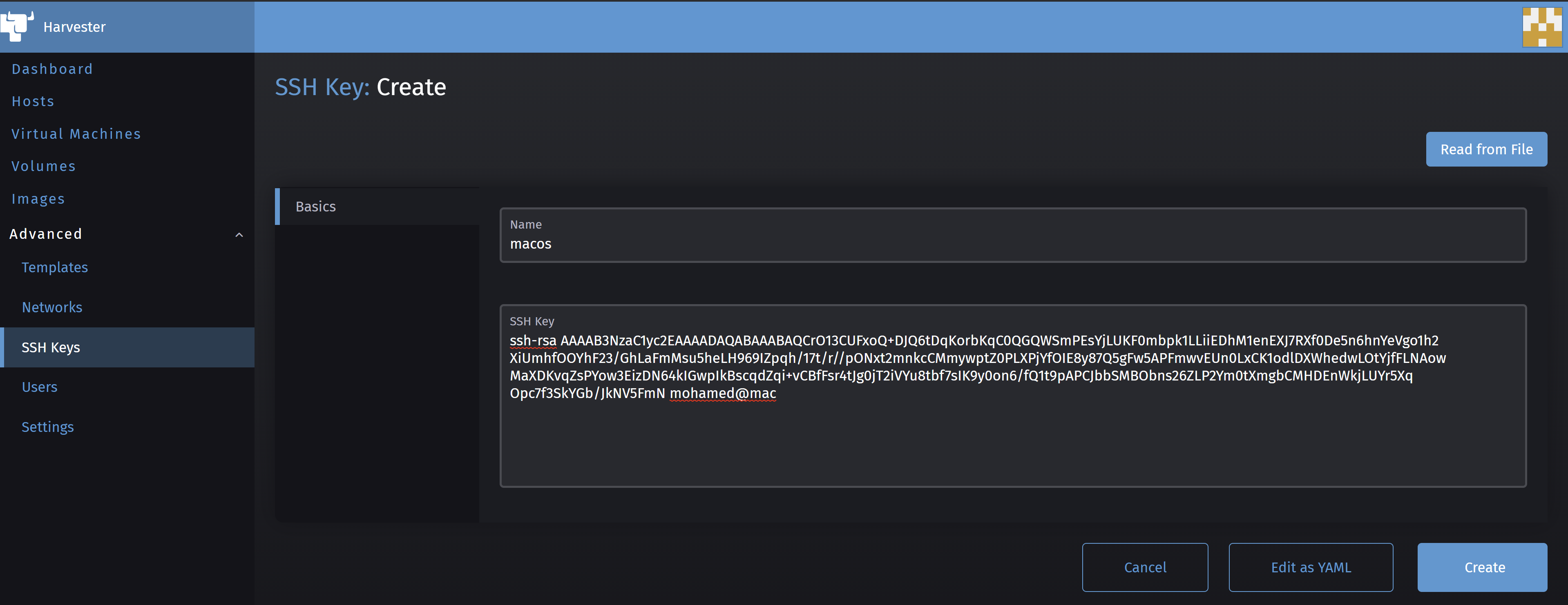 Harvester SSH Key